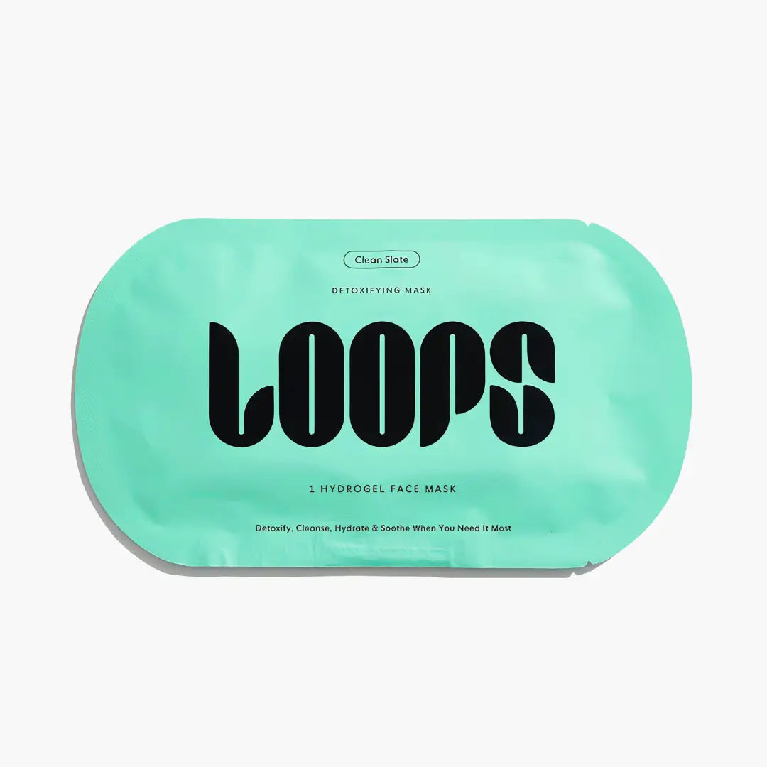 LOOPS Clean Slate Detoxify single sheet mask with natural ingredients, shown in a close-up image displaying the mask and packaging.