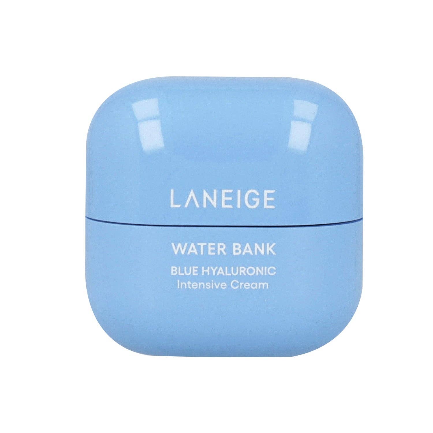 Laneige Water Bank Blue Hyaluronic Intensive Cream jar with blue packaging and product label, showcasing the skincare product.