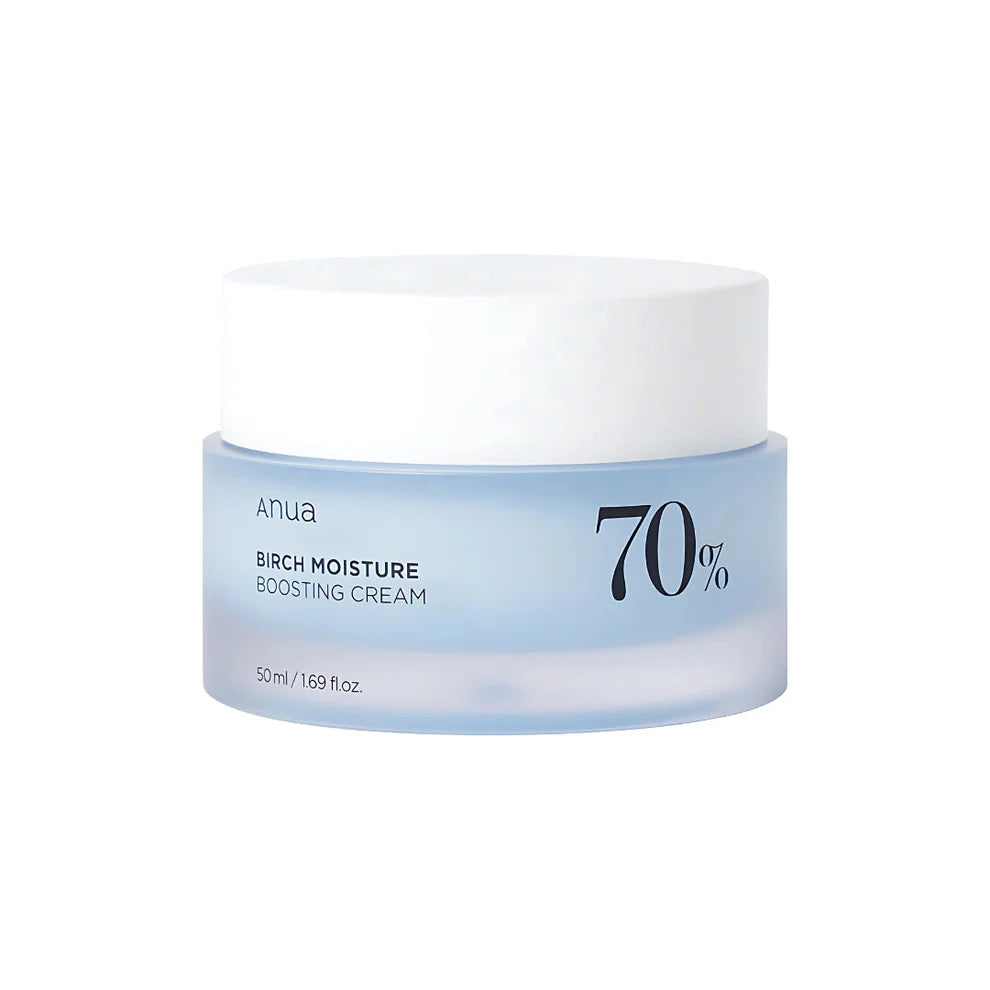 Anua Birch 70 Moisture Boosting Cream 50ml jar with white and green packaging, creamy texture visible in the image.