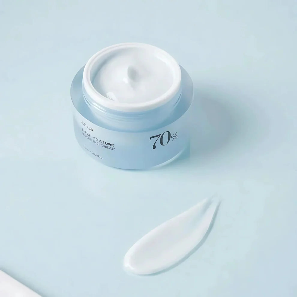 Anua Birch 70 Moisture Boosting Cream in a 50ml jar, featuring a smooth cream texture and natural Birch extract for hydration.