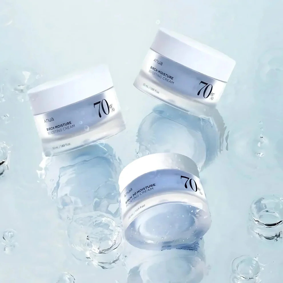 Anua Birch 70 Moisture Boosting Cream 50ml jar with white and green packaging, designed to hydrate and nourish skin.