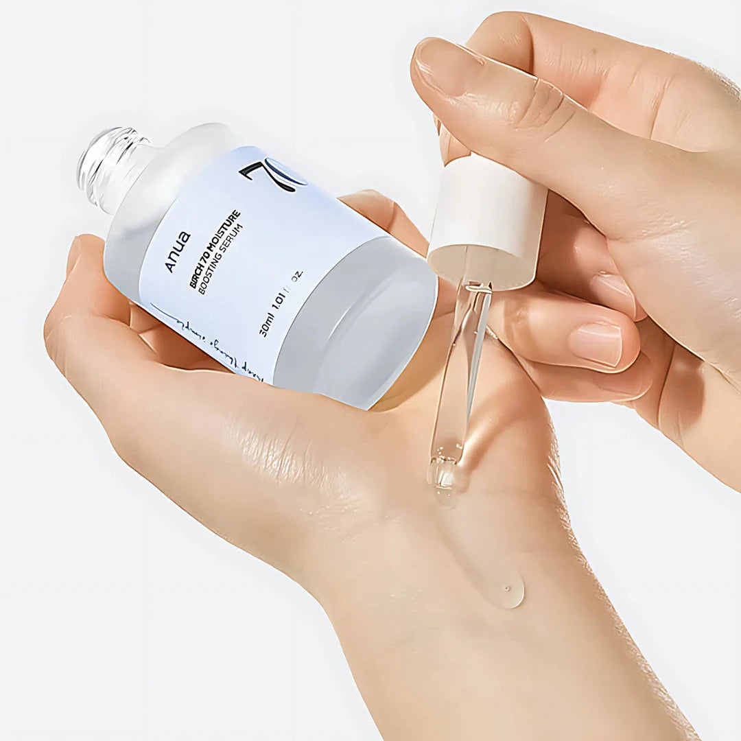 Anua Birch Moisture Boosting Serum 30ml bottle with clear label and white cap, close-up view of the skincare product.