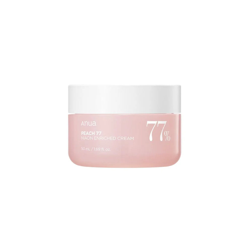 Anua Peach 77 Niacin Enriched Cream 50ml jar with peach-colored lid and label, creamy texture visible inside the open container.