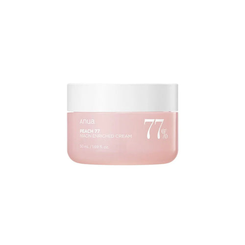 Anua Peach 77 Niacin Enriched Cream 50ml jar with peach-colored lid and label, creamy texture visible inside the open container.