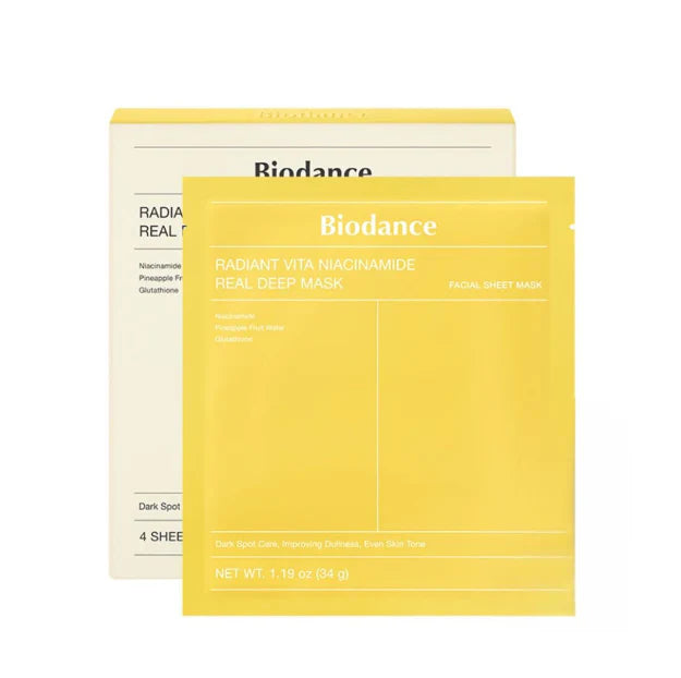 Biodance Radiant Vita Niacinamide Real Deep Mask displayed on a skincare table, showing the mask sheet and packaging.