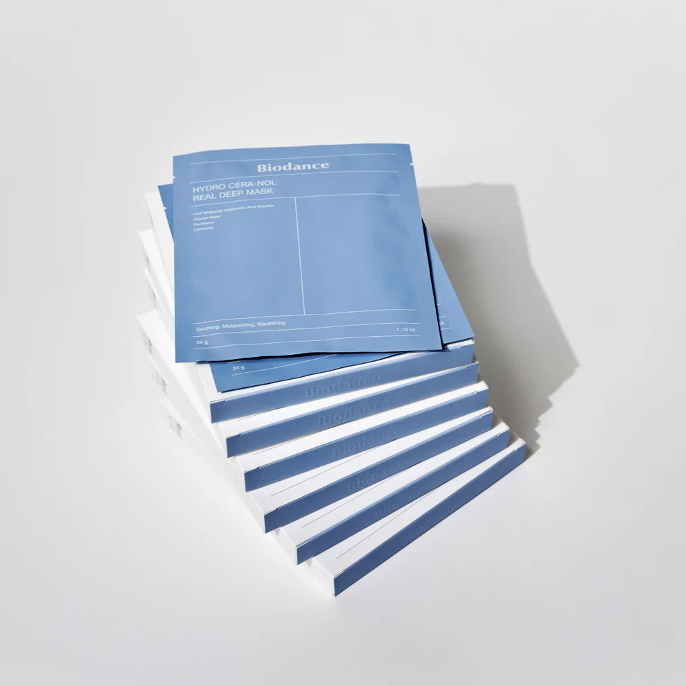 Biodance Hydro Cera-nol Real Deep Mask showing a white sheet mask with hydrating serum on a clean background