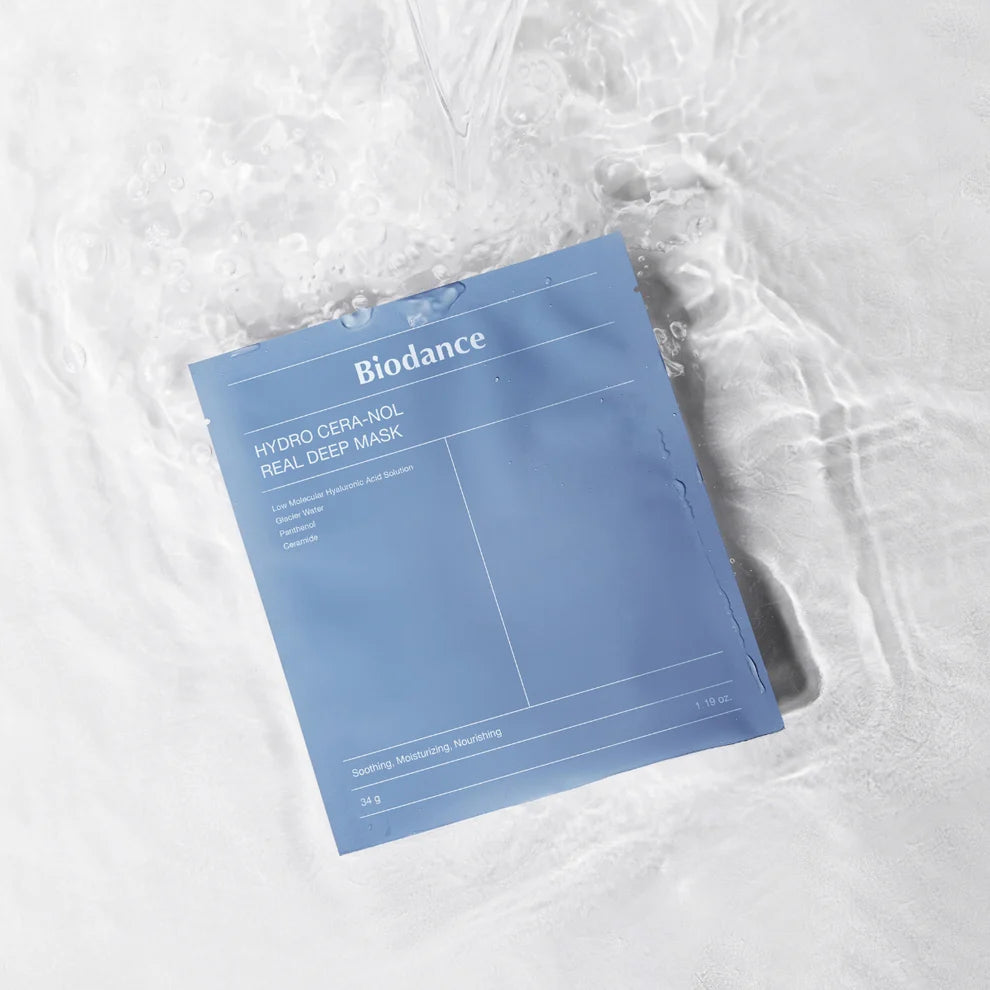 Biodance Hydro Cera-nol Real Deep Mask showing a close-up of the mask's textured fabric and packaging.
