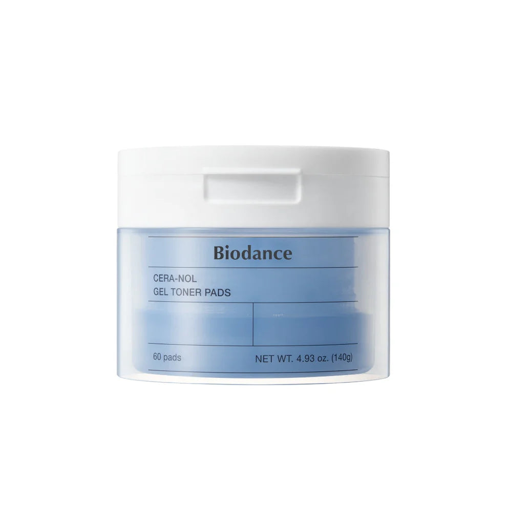Biodance Cera-nol Gel Toner Pads, 60 soft cotton pads with gel toner for soothing skincare, displayed in an open container.
