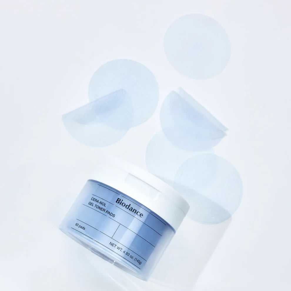 Biodance Cera-nol Gel Toner Pads with 60 reusable cotton pads for gentle facial cleansing and toning skincare routine