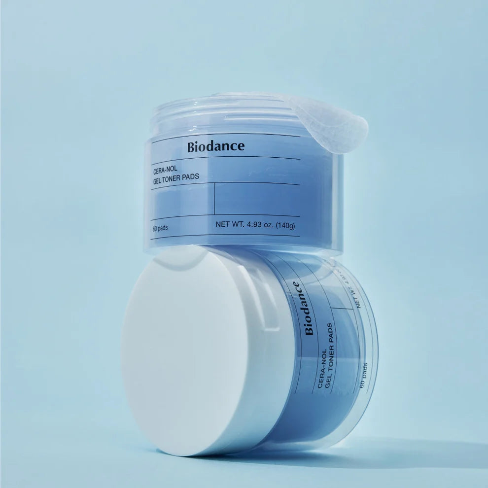 Biodance Cera-nol Gel Toner Pads jar with 60 pads, close-up of product container and pads for facial skincare.