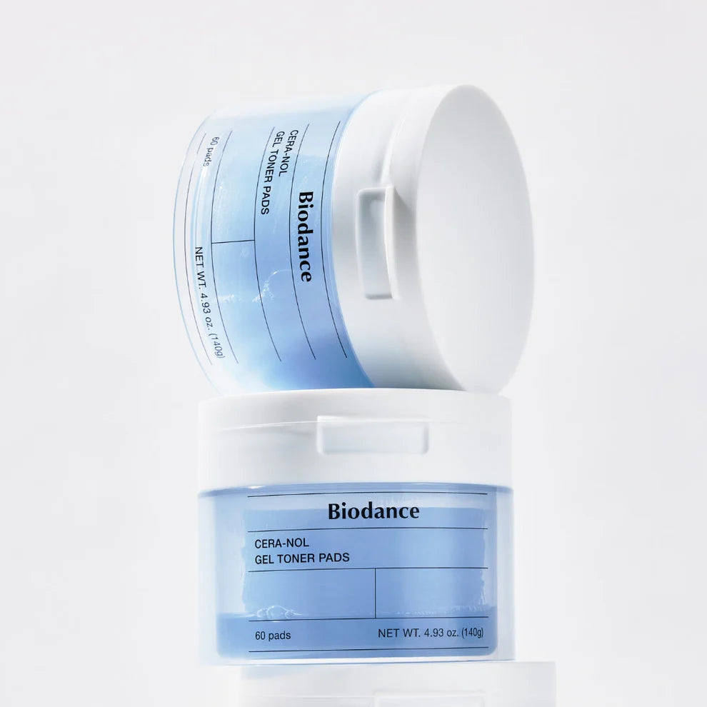 Biodance Cera-nol Gel Toner Pads, 60 soft pads for skincare, with gel formula, displayed in a close-up image.