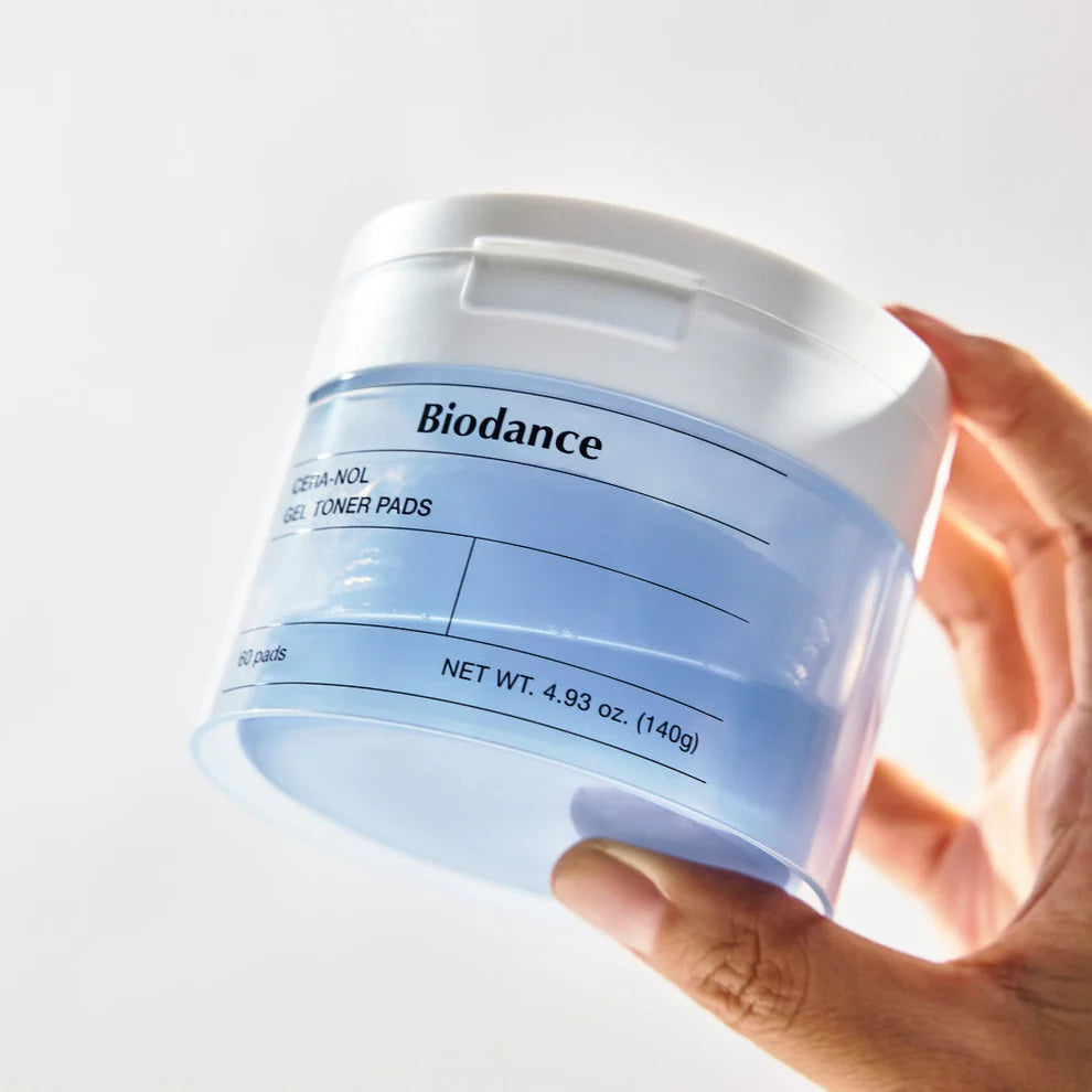 Biodance Cera-nol Gel Toner Pads, 60 soft cotton pads soaked with gentle gel toner for skincare.