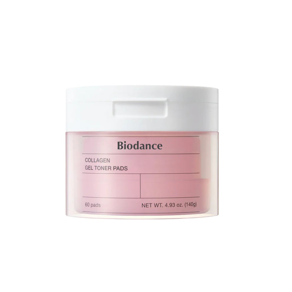 Biodance Collagen Gel Toner Pads in a container, featuring textured pads for skincare, designed to hydrate and firm skin.