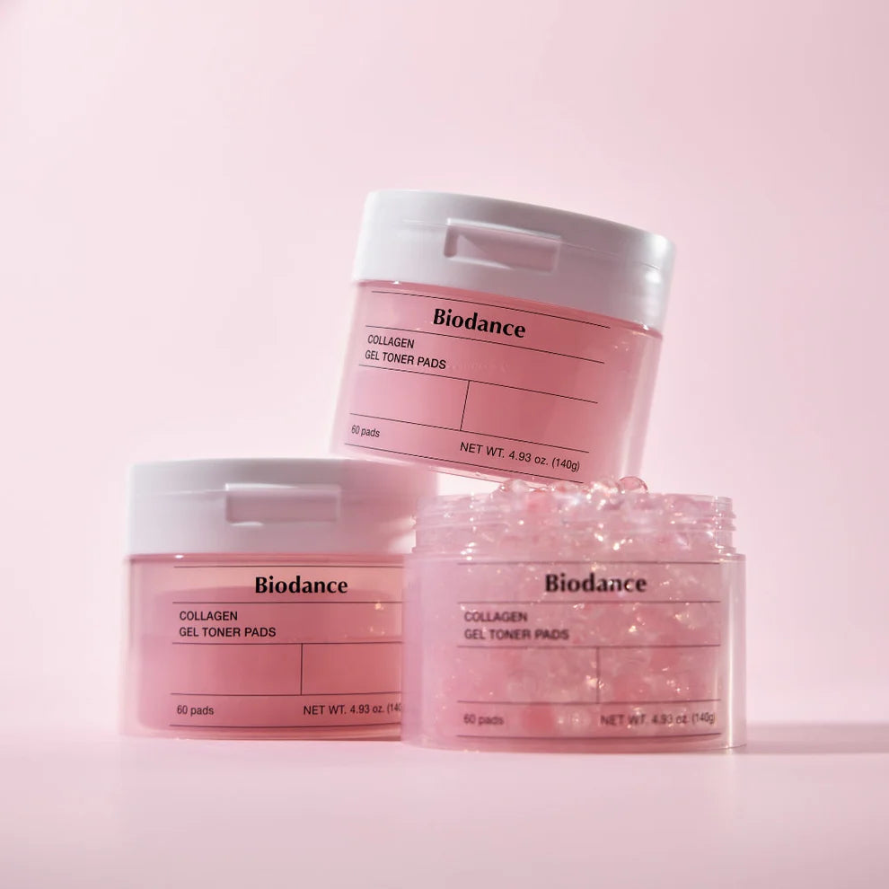 Biodance Collagen Gel Toner Pads in a box, showing 60 soft, round skincare pads designed for facial toner application.