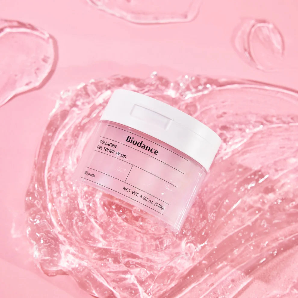 Biodance Collagen Gel Toner Pads in a container with 60 pads, showing the product packaging and pads ready for skincare use.
