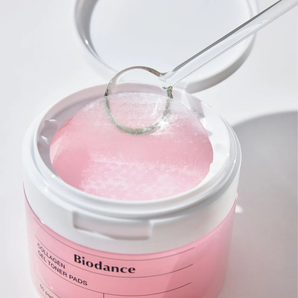 Biodance Collagen Gel Toner Pads 60-pack with soft cotton pads infused with collagen for gentle skin toning and hydration