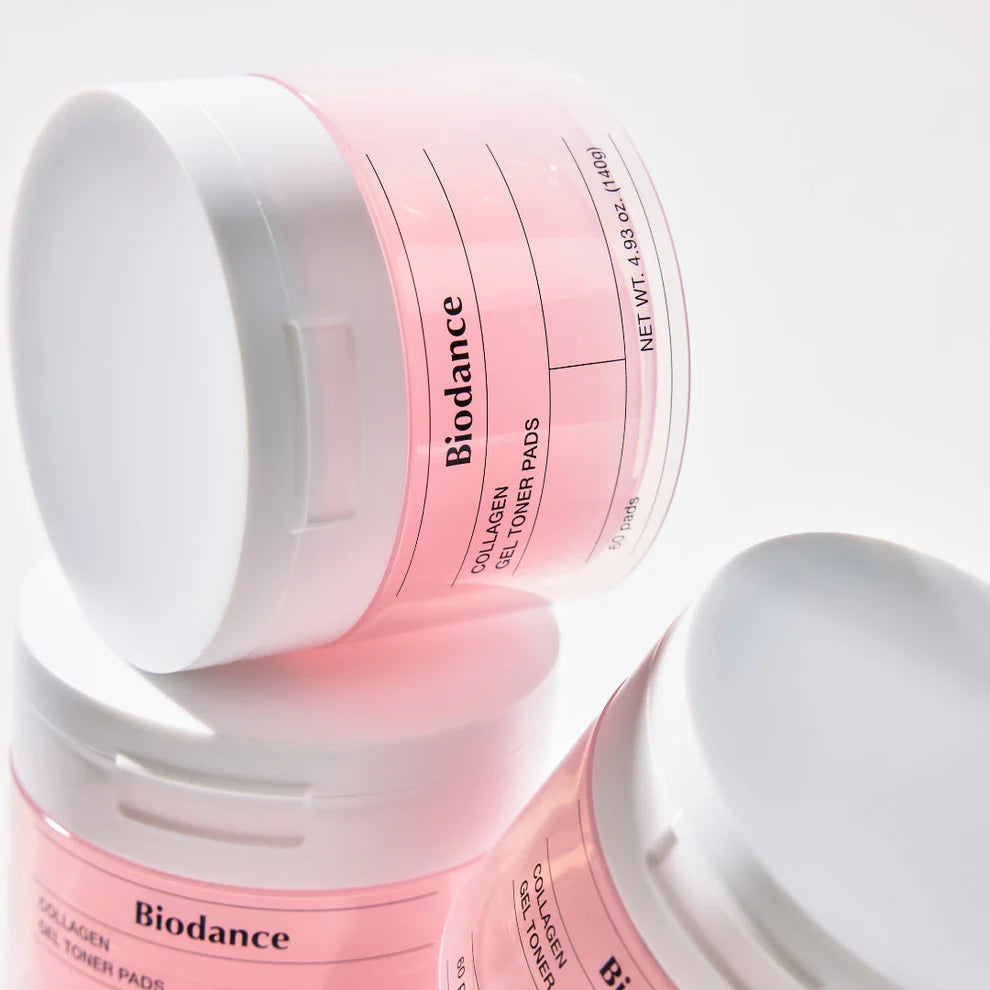 Biodance Collagen Gel Toner Pads in a clear container with 60 pads, designed for gentle facial skincare and hydration.