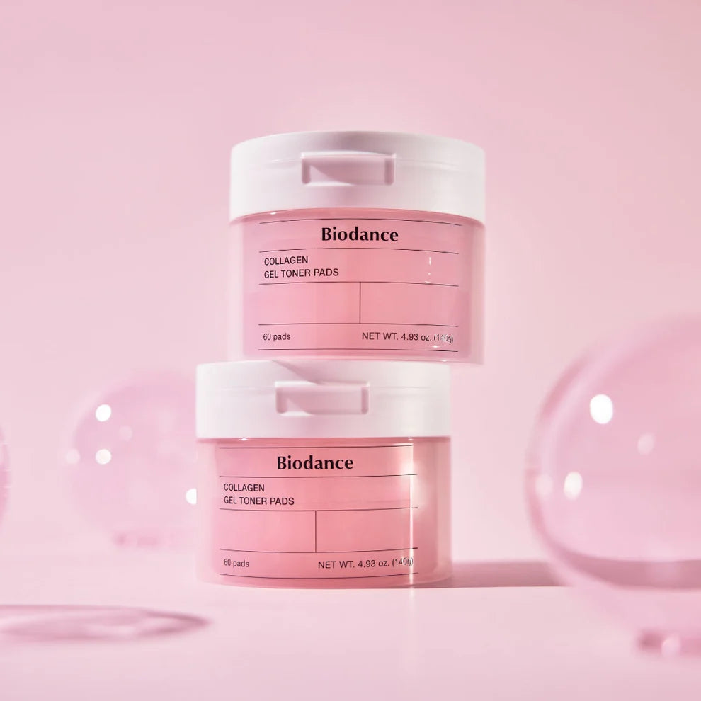 Biodance Collagen Gel Toner Pads in a container, showing 60 reusable pads designed for facial skincare and hydration.