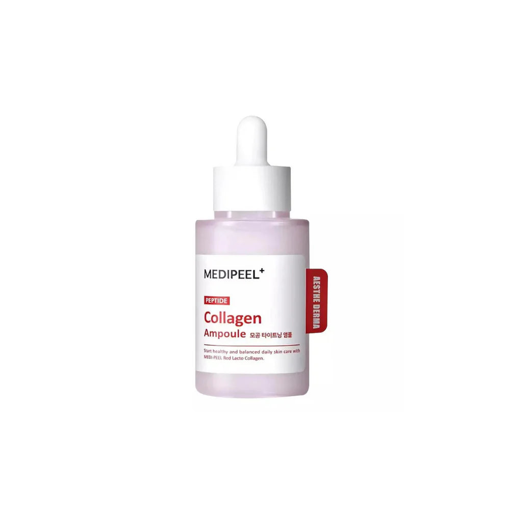 Medi-Peel Red Lacto Collagen Tightening Ampoule 50ml bottle with clear liquid and red labeling, skincare product for firming.