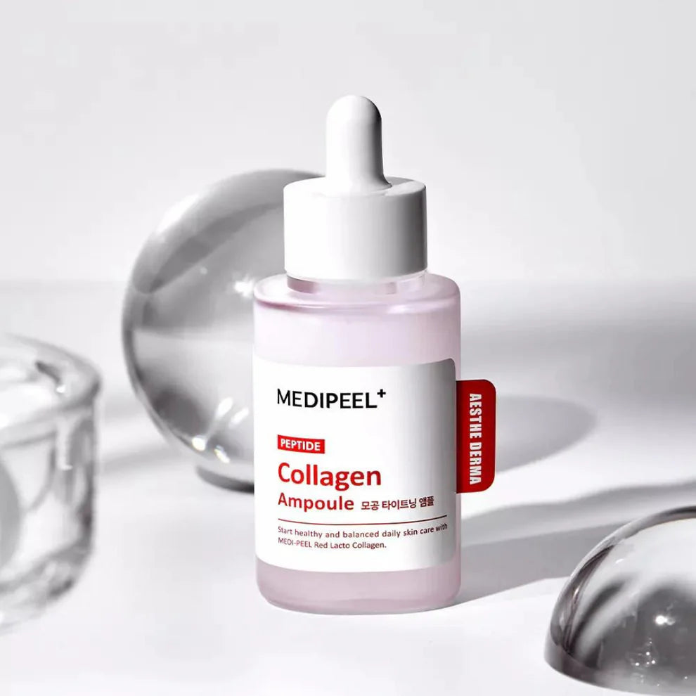 Medi-Peel Red Lacto Collagen Tightening Ampoule bottle with branding and product details visible on the label.