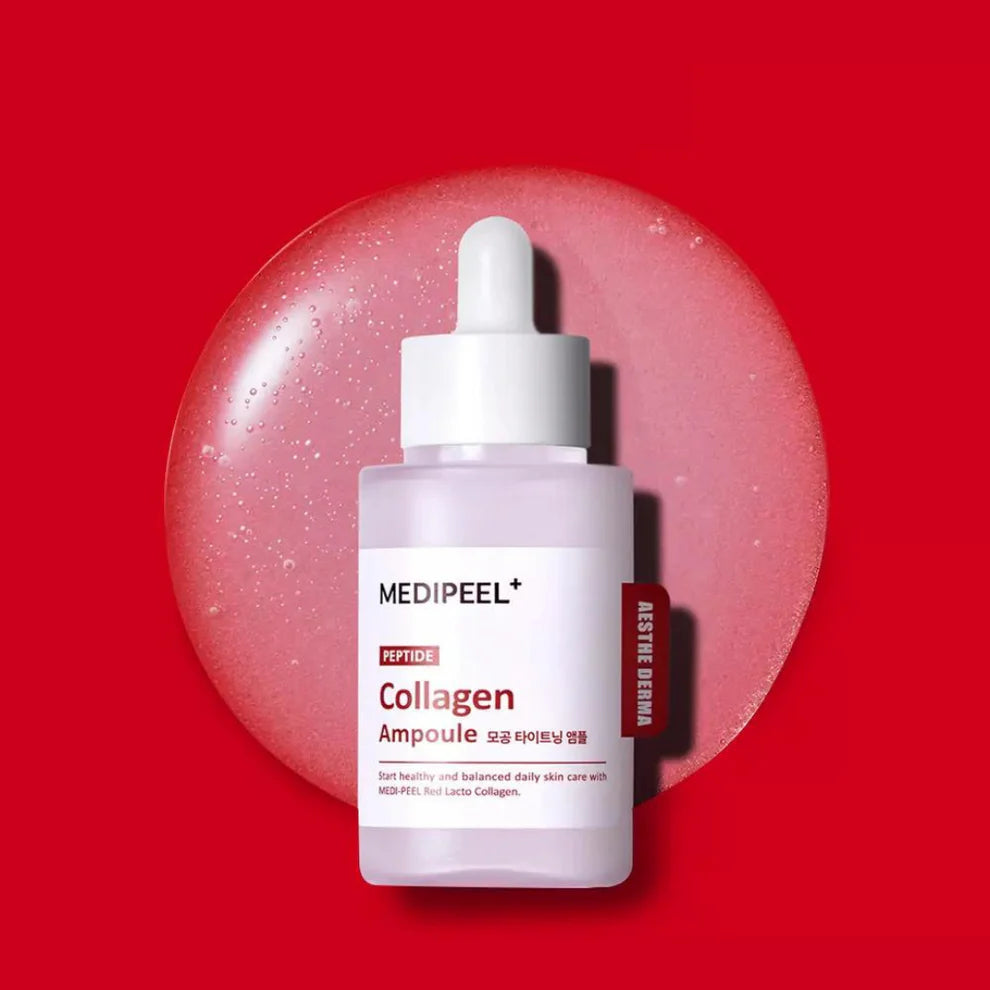 Medi-Peel Red Lacto Collagen Tightening Ampoule in a 50ml bottle, featuring a clear liquid formula for skin firming and revitalization