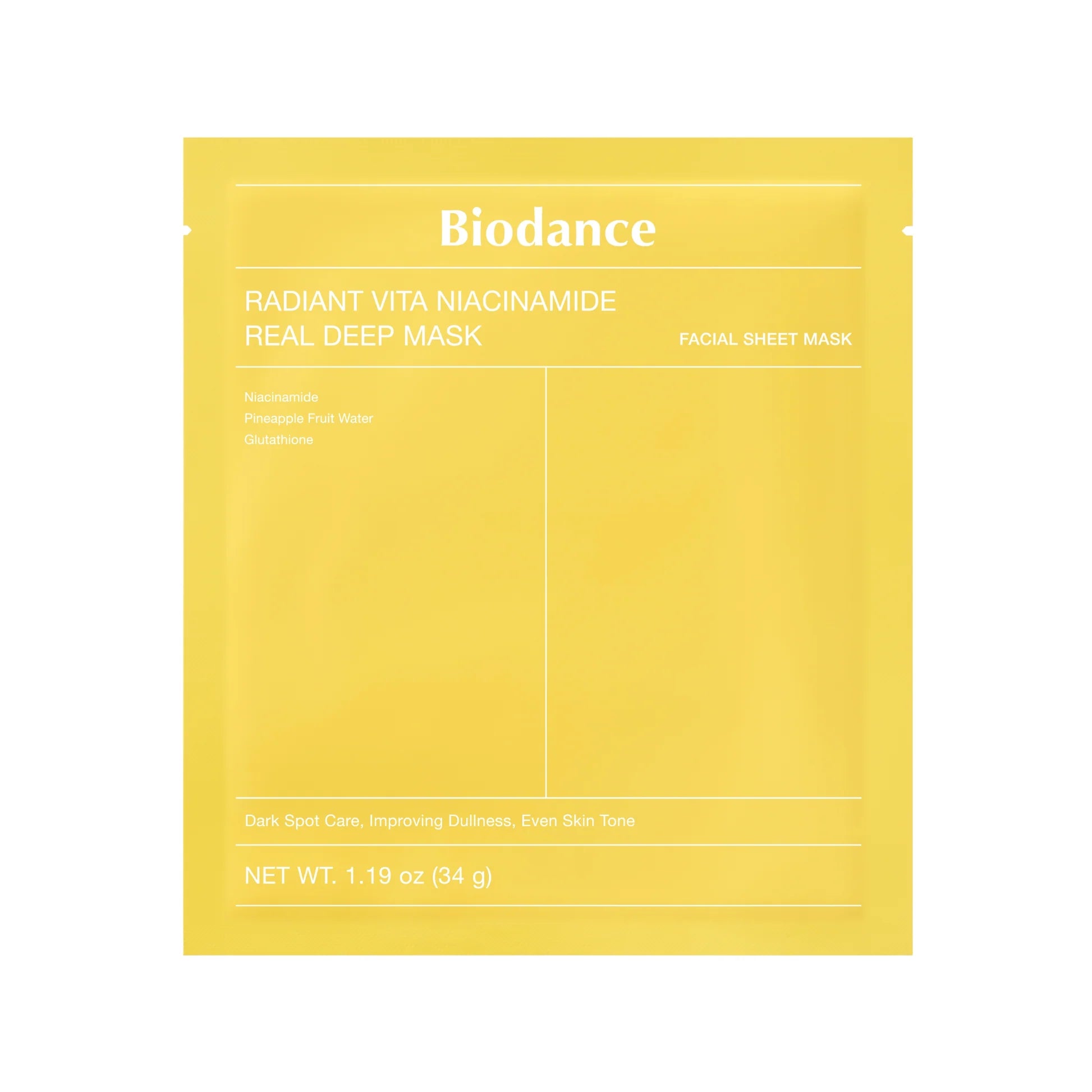 Biodance Radiant Vita Niacinamide Real Deep Mask shown on a skincare product display, featuring a white and blue packaging design.