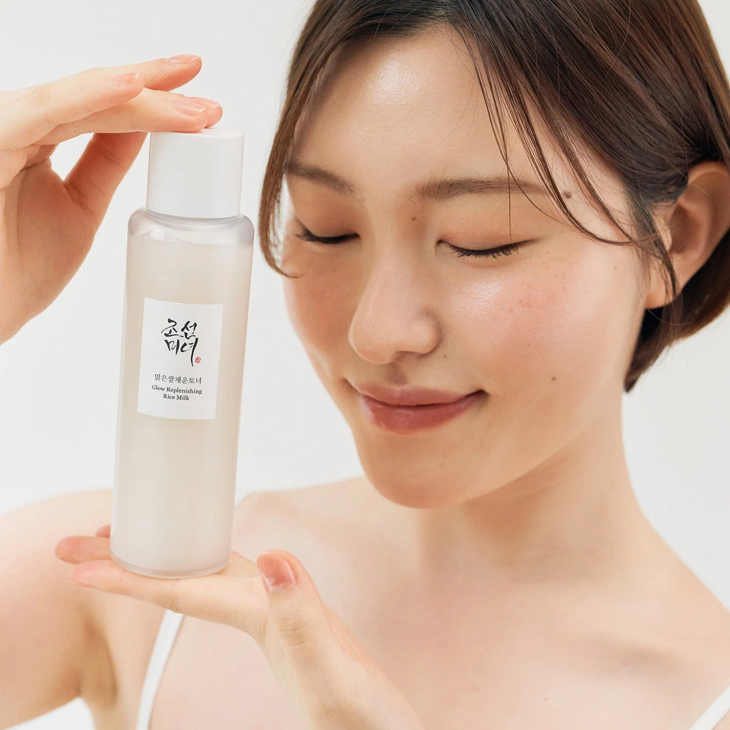Beauty of Joseon Glow Replenishing Rice Milk 150ml bottle with white and gold packaging, showcasing a skincare product for brightening and hydration.