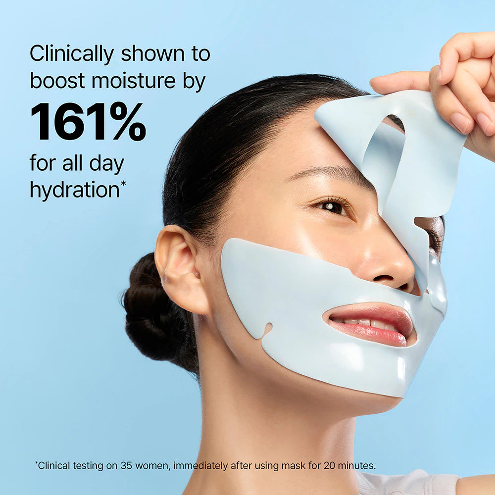 DR.JART+ Cryo Rubber Mask with hyaluronic acid for deep hydration, shown applied on a model's face in a skincare setting.