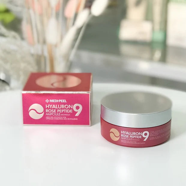 Medi-Peel Hyaluron Rose Peptide 9 Ampoule Eye Patch, 60 individual patches for eye area skincare, hydrating and soothing.