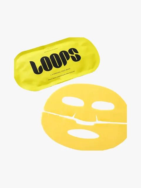 LOOPS Sunrise Service Brightening Hydrogel Face Mask pack with five brightening facial masks, featuring a vibrant sunrise design.
