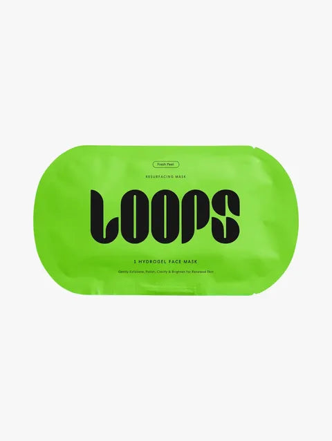 LOOPS Fresh Peel Resurfacing Hydrogel Face Mask applied on skin, showcasing a clear hydrogel sheet for facial skincare.