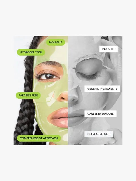 LOOPS Fresh Peel Resurfacing Hydrogel Face Mask applied on a person's face, showcasing a hydrating skincare treatment in a sleek container