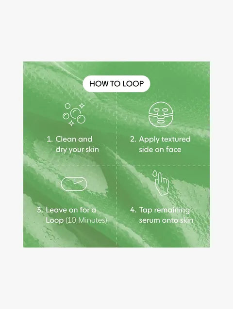 LOOPS Fresh Peel Resurfacing Hydrogel Face Mask applied on a person's face, showcasing its hydrating and exfoliating properties.