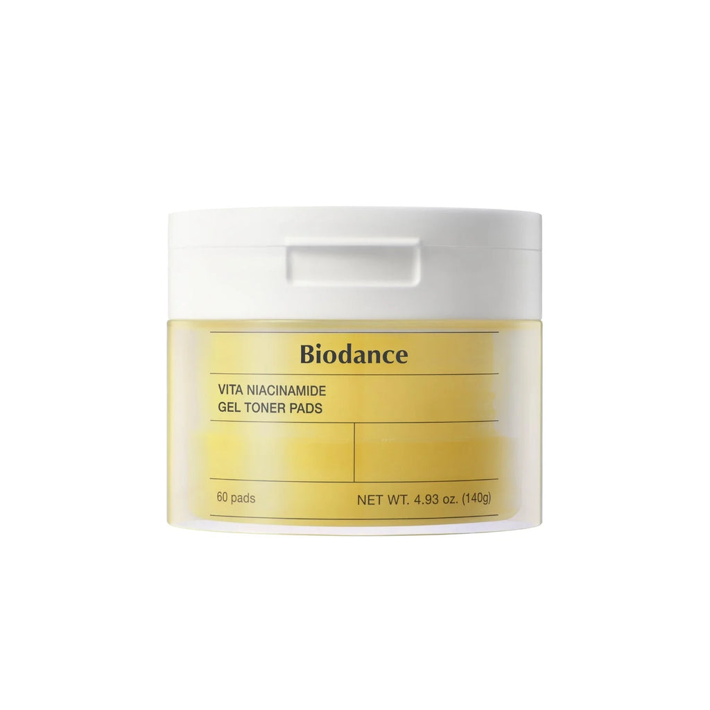 Biodance Vita Niacinamide Gel Toner Pads in a jar, 60 skincare pads for brightening and pore refining.
