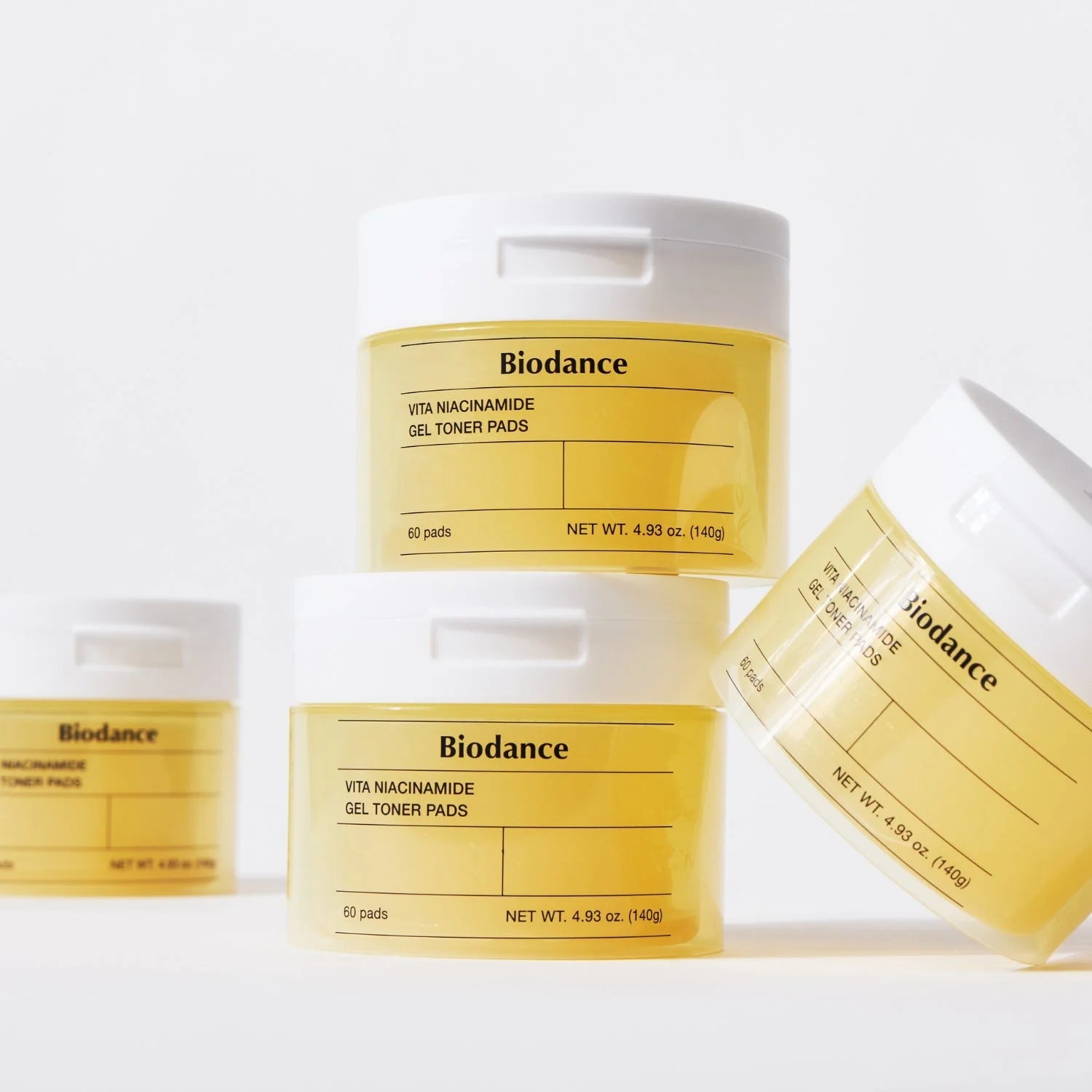 Biodance Vita Niacinamide Gel Toner Pads in a jar, showing 60 skincare pads for brightening and pore refining.