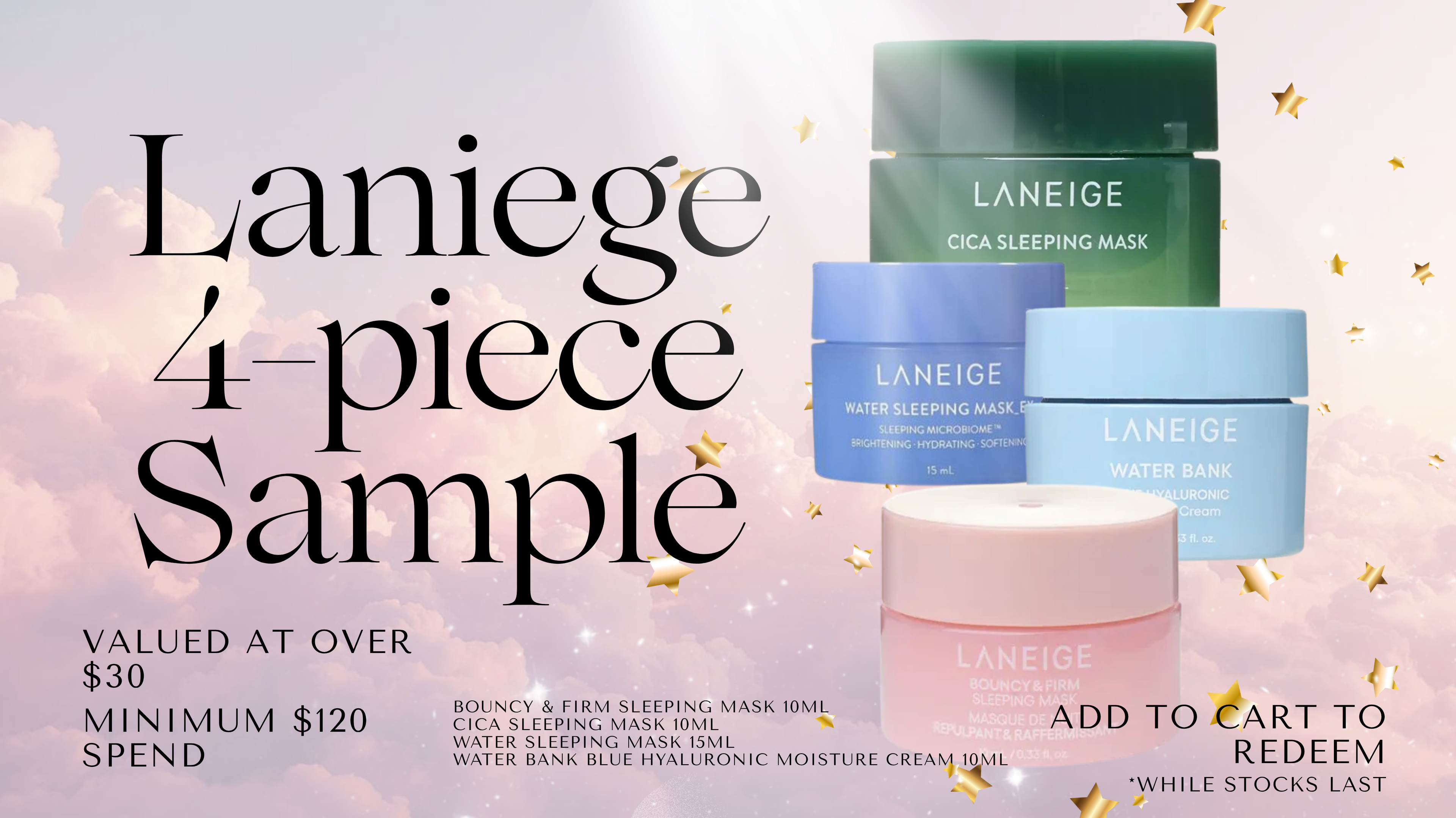 Laneige 4-piece sample set including skincare and lip products, presented in a gift box with sleek packaging.