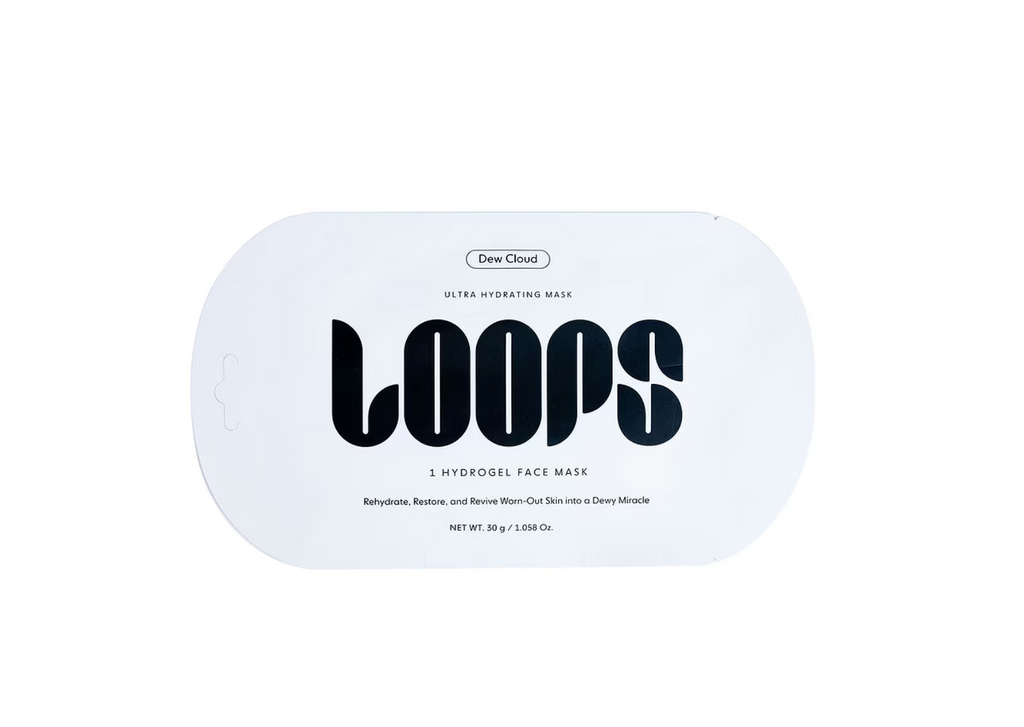 LOOPS Dew Cloud Ultra Hydrating Mask in a white jar with a clear lid, showcasing the skincare product designed for deep hydration.