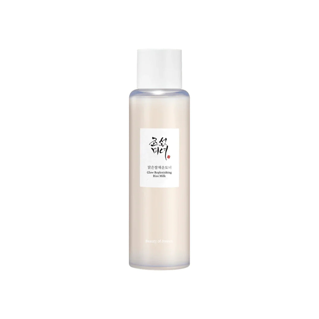 Beauty of Joseon Glow Replenishing Rice Milk 150ml bottle with white and gold packaging and a pump dispenser, close-up view