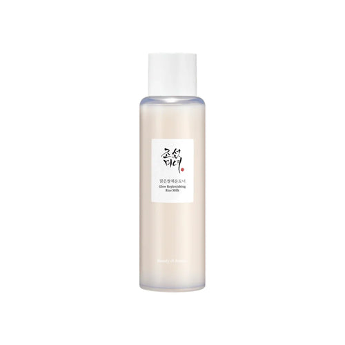 Beauty of Joseon Glow Replenishing Rice Milk 150ml bottle with white and gold packaging and a pump dispenser, close-up view