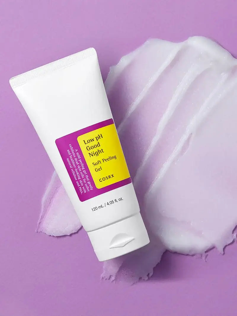 COSRX Low pH Good Night Soft Peeling Gel in a 120ml tube, showcasing the gentle exfoliating gel with a soft, pastel-colored design.