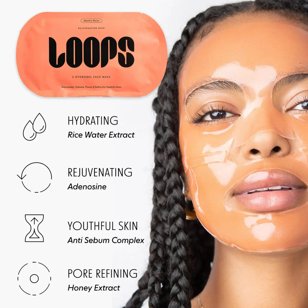 LOOPS Weekly Reset Rejuvenating Single Sheet Mask displayed on a white background, ready for skincare routine.