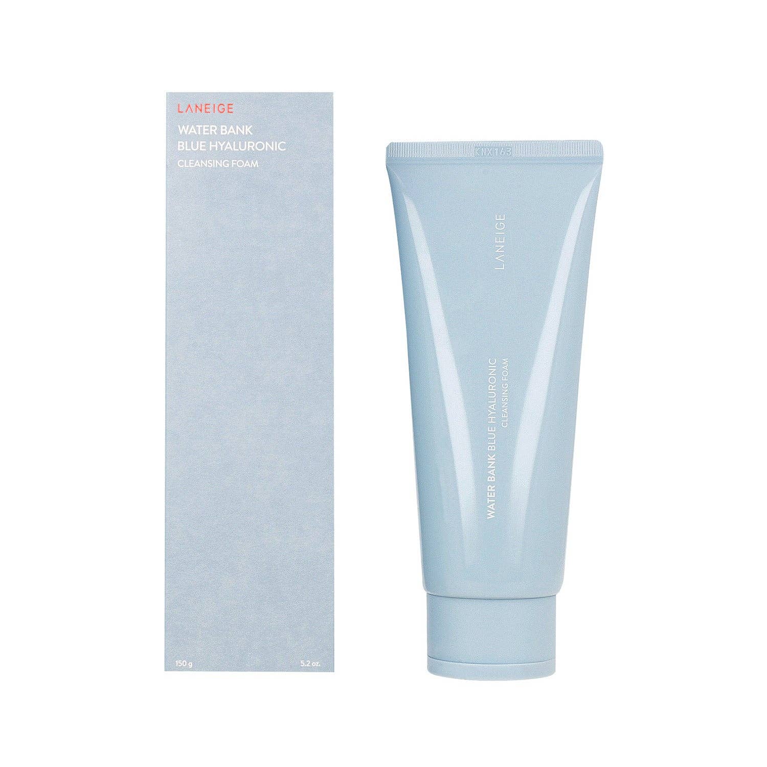 Laneige Water Bank Blue Hyaluronic Cleansing Foam in a 150g tube with a blue and white design, showing the product packaging.
