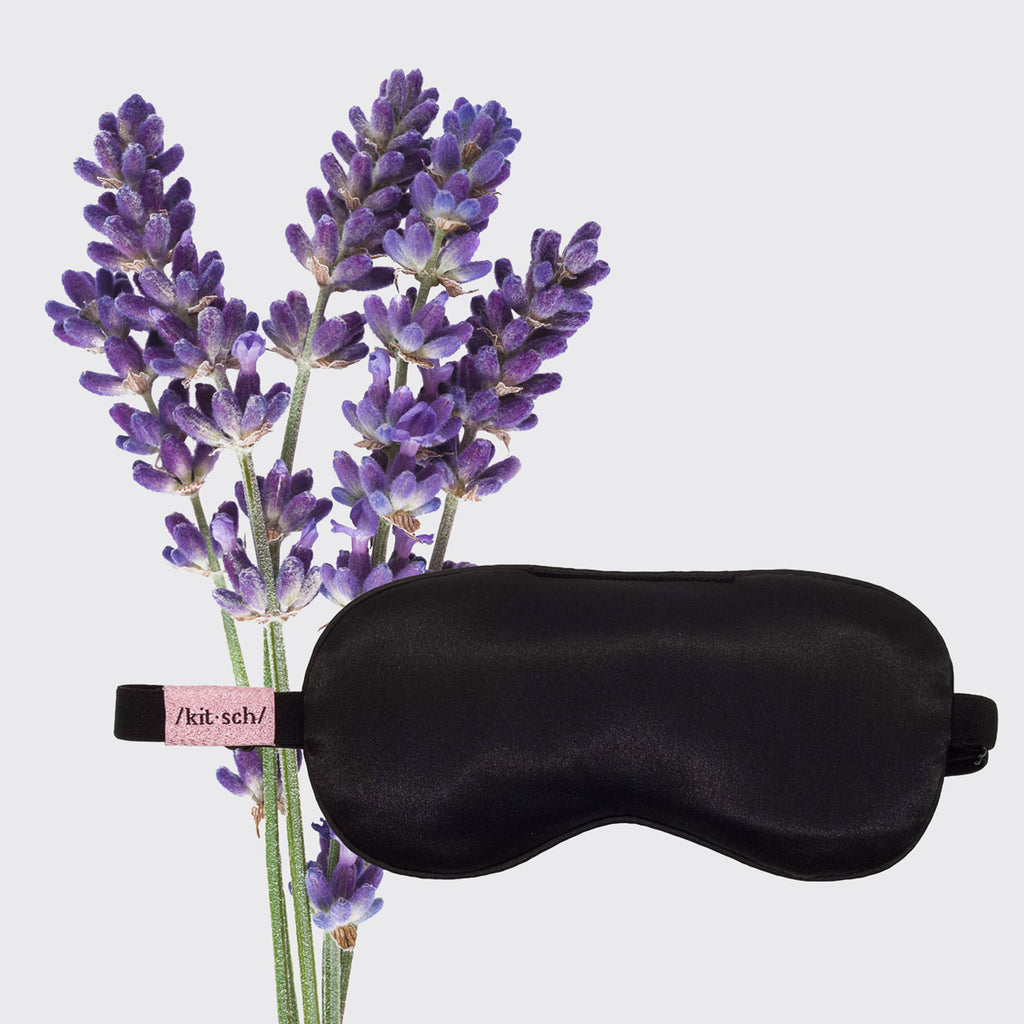 KITSCH Lavender Weighted Satin Eye Mask with soft lavender fabric and gentle weight for relaxing sleep or meditation.