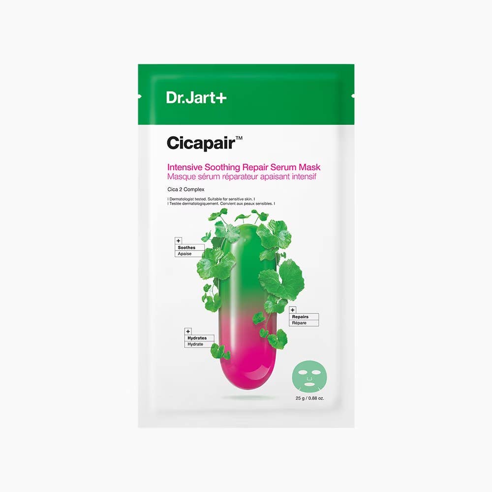 DR.JART+ Cicapair Sensitive Skin Serum Face Mask shown on a clean, open-faced mask with soothing green herbal ingredients for calming skin
