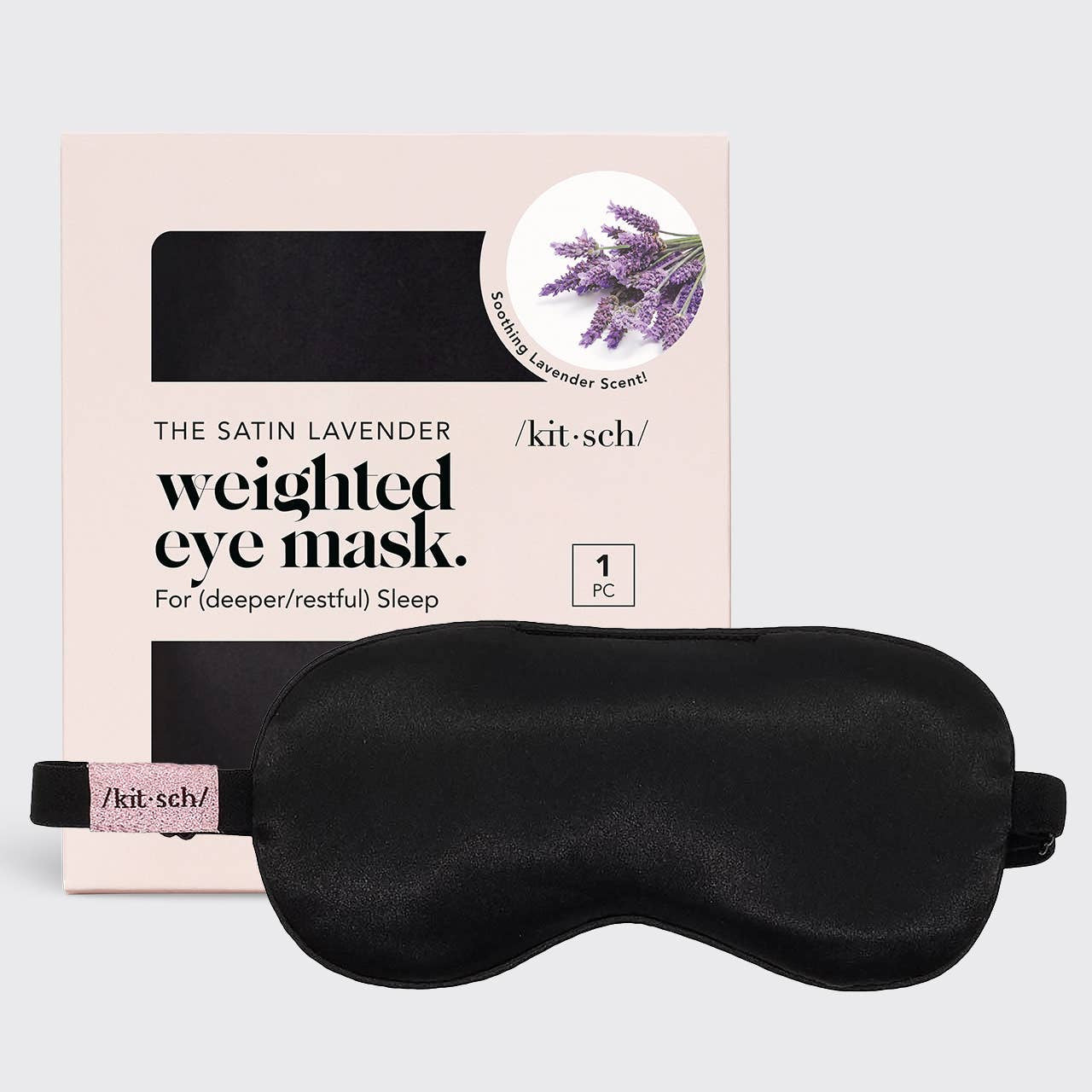 KITSCH lavender weighted satin eye mask with soft fabric and gentle weight for relaxation and sleep.