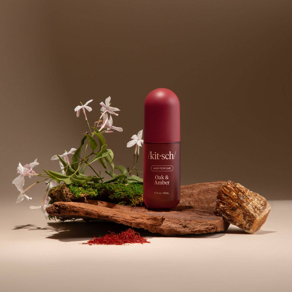 KITSCH Oak & Amber Hair Perfume bottle with elegant packaging, showcasing a luxurious fragrance for hair.