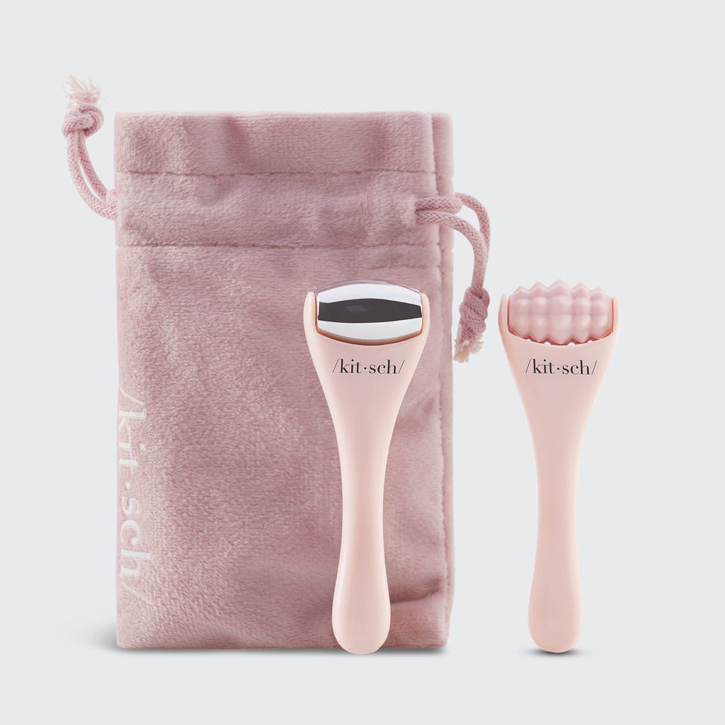KITSCH Mini Spa Rollers 2-piece set with textured surface for facial and body massage, black and white rollers on a neutral background.