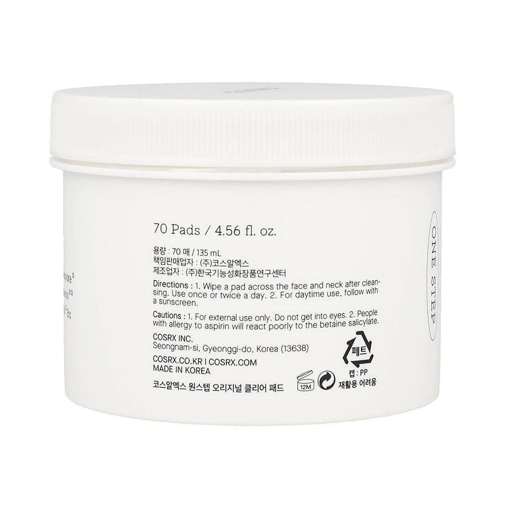 Cosrx One Step Original Clear Pad with 70 exfoliating cotton pads for gentle skincare and pore cleansing.
