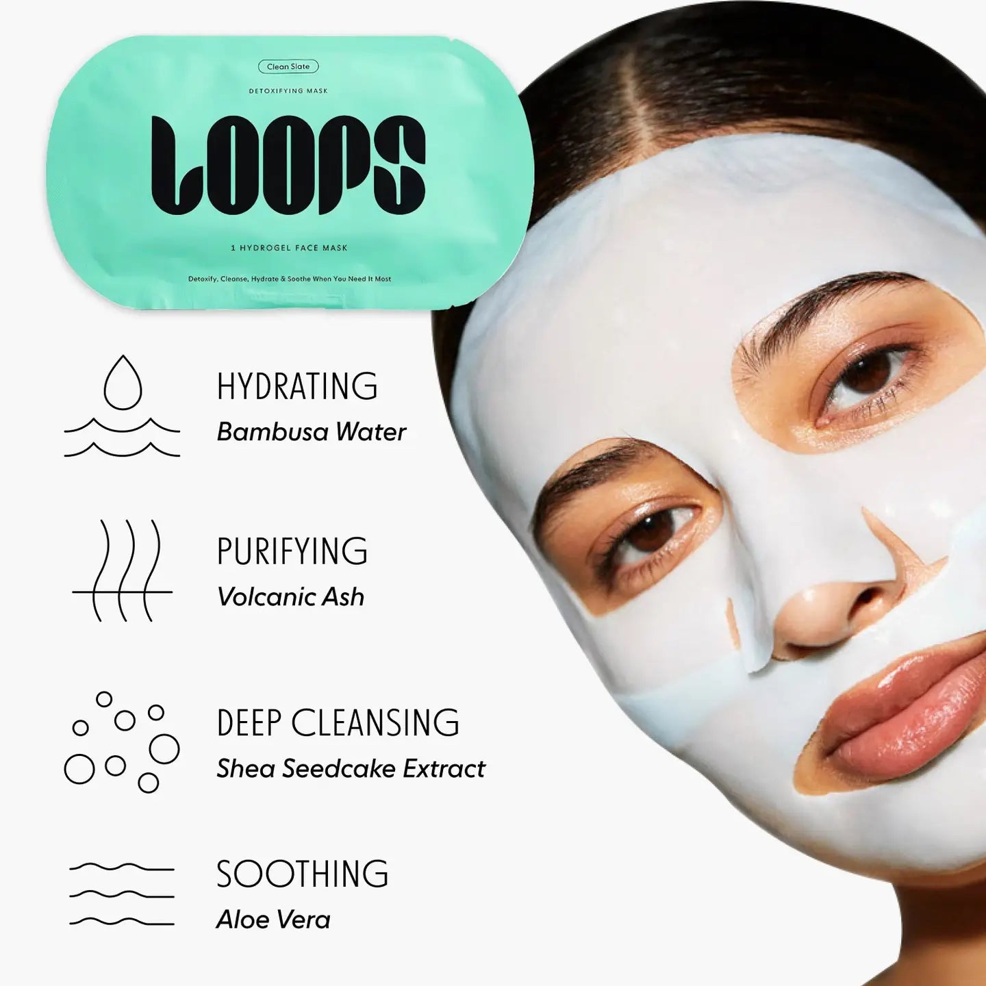 LOOPS Clean Slate Detoxify single sheet mask showing a white sheet mask on a skincare product background