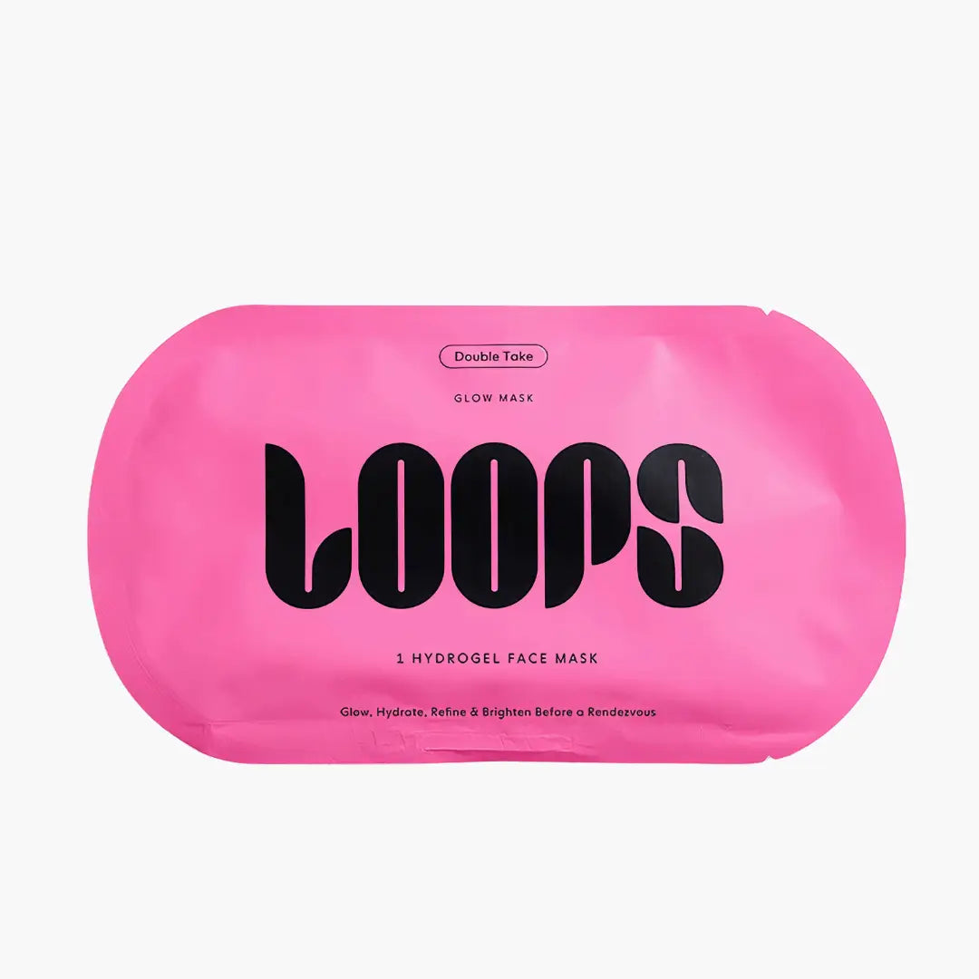 LOOPS Double Take Glow Hydrogel Sheet Mask with glowing serum, designed for facial skincare and hydration.